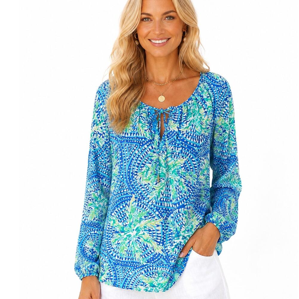 Lilly Pulitzer Willa Top Womens XL Blue Green Tropic Like Its Hot Coastal Blouse